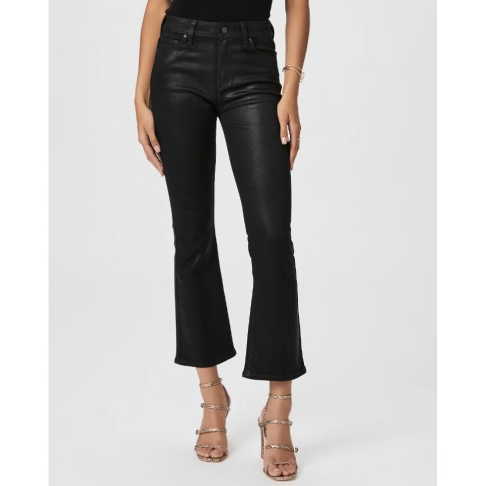 PAIGE Claudine Black Coated Denim Cropped Flare Jeans Womens Size P30
